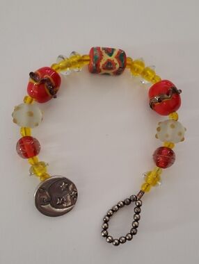 Danforth Celestral Pewter Handmade Yellow - Red Glass Bead Bracelet C1984  USA